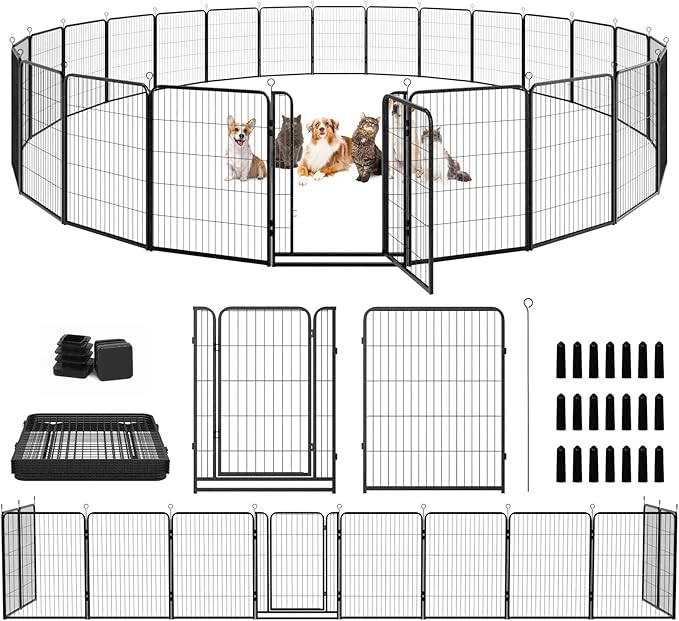 Kfvigoho Dog Playpen Outdoor Extra Wide 24 Piece Panels Heavy Duty Dog Fence 40" Height Anti-Rust with Doors Portable for RV Camping Yard, Total 63FT, 316 Sq.ft, Snowy Black