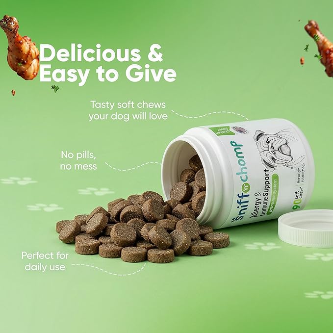 SNIFF N CHOMP Dog Allergy Chews, Chicken Flavor, Probiotics for Dogs with Quercetin Omega 3 Zinc, Seasonal Allergy Relief, Immune Support Soft Chews, Probióticos para Perros | 90 Soft Chews