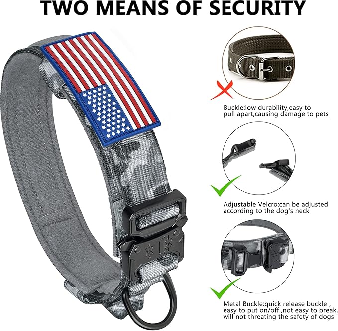 DAGANXI Tactical Dog Collar, Adjustable Military Training Nylon Dog Collar with Control Handle and Heavy Metal Buckle for Medium and Large Dogs, with Patches and Airtags Case (M, Camo)