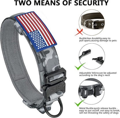 DAGANXI Tactical Dog Collar, Adjustable Military Training Nylon Dog Collar with Control Handle and Heavy Metal Buckle for Medium and Large Dogs, with Patches and Airtags Case (M, Camo)