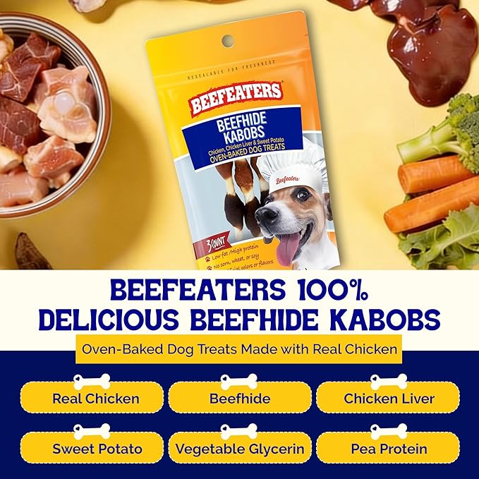 Beefeaters Triple Flavor Beefhide Kabobs 1.58oz (12 Pack) Dog Treats with Real Chicken, Liver & Sweet Potato – Long-Lasting Dog Kabob Treats for Chewing, Dental Support*, Flavor-Packed Treats