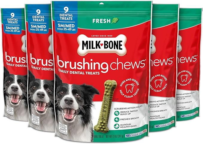 Milk-Bone Brushing Chews Original Chicken Flavor Daily Dental Dog Treats, Small/Medium, 7.1 Oz. Bag (Pack of 5) Dog Treats, Fresh Breath, Small/Medium, 7.1 Oz. Bags, 9 Bones Per Bag (Pack of 5)