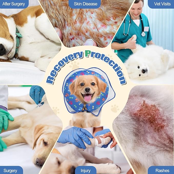 Inflatable Dog Cone Collar, Adjustable Size Soft PVC 2-in-1 Dog Donut Collar After Surgery with Detachable, Inflatable Collar for Small Medium Large Dogs and Cats (Blue, Medium)