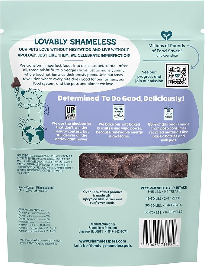 Shameless Pets Soft-Baked Dog Treats, Blueberried Treasure - Natural & Healthy Chews with Mint for Immune Support - Dog Biscuits Baked & Made in USA, Free from Grain, Corn & Soy - 1 Pound (Pack of1)