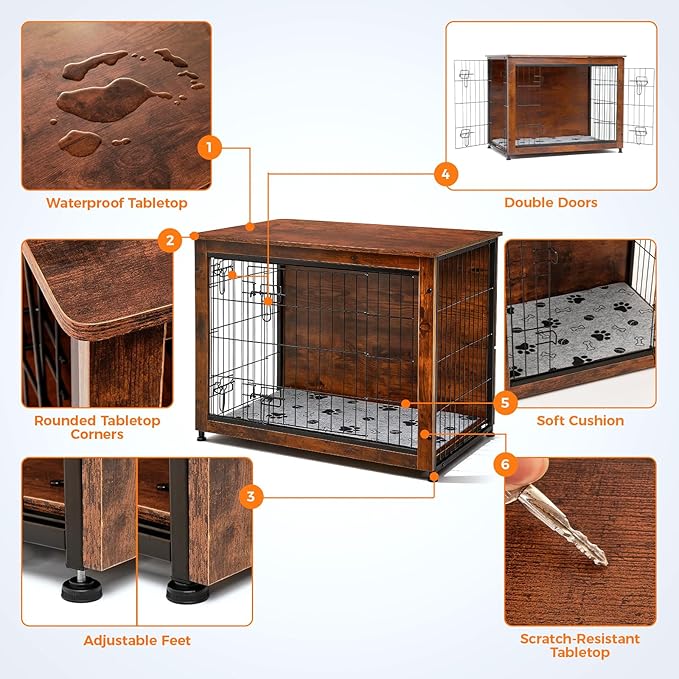 SHAWKEN Wooden & Metal Medium Dog Crate Furniture Indoor with Soft Cushion, Double-Door Dog House, 31.5" L Dog Kennel (Rustic Brown, Medium)