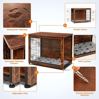 SHAWKEN Wooden & Metal Medium Dog Crate Furniture Indoor with Soft Cushion, Double-Door Dog House, 31.5" L Dog Kennel (Rustic Brown, Medium)