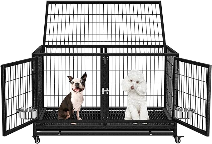 BOLDBONE 43 inch Heavy Duty Dog Crate for Large Dogs, Stackable Dog Kennels and Metal Wire Cages with Feeding Bowls, Leak-Proof Pans, Removable Wire Trays and Divider, Extra Large XL XXL