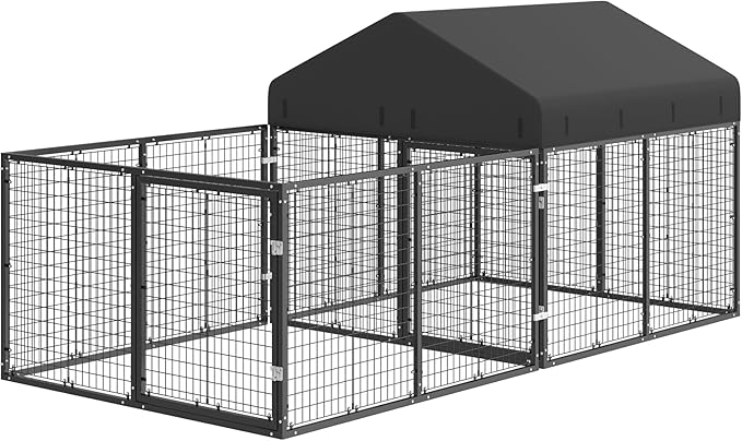 Petony Outdoor Dog Kennel with Dog Fence for Medium/Small Dogs Anti-Rust Coating Cage with Roof All Weather Resistant Dog House with Double Locks