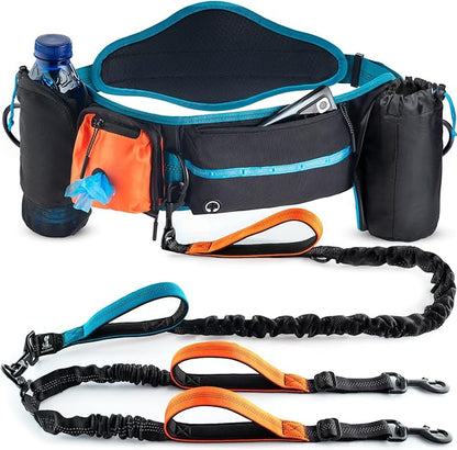 SparklyPets Double Bungee Waist 2 Dog Leash with Back Brace – Dual Dog Leash for Medium/Large Breeds – Running Belt Fanny Pack with Phone, Waste, Treat, and Bottle Pockets
