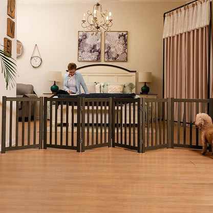 LZRS 6-Panel Extra-Wide Freestanding Wooden Dog Gate Indoor – 24”High Foldable Safety Pet Barrier for Doorways, Hallways, Kitchens, Durable Design fit Small to Medium Dogs, Walnutl