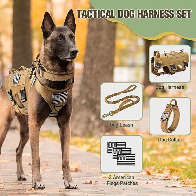 Tactical Dog Harness for Large Dog, Dog Collar and Bungee Leash Set No-Pull Military Dog Harness - Walking Training Gear for Large Dogs, Adjustable for Medium,Chest 21.5"-45", Khaki