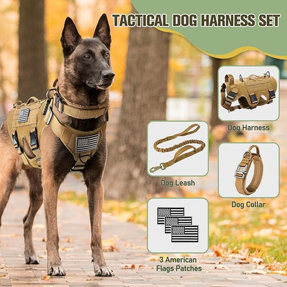 Tactical Dog Harness for Large Dog, Dog Collar and Bungee Leash Set No-Pull Military Dog Harness - Walking Training Gear for Large Dogs, Adjustable for Medium,Chest 21.5"-45", Khaki