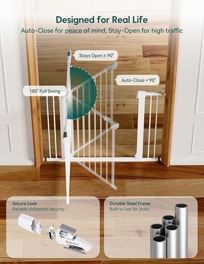 Babelio 29-55 Inch Extra Wide Baby/Dog Gate, PressGuard P7, Metal Auto Close, Pressure Mounted Pet Door for Doorways, NO Need Tools and Drilling, with Wall Cups, White