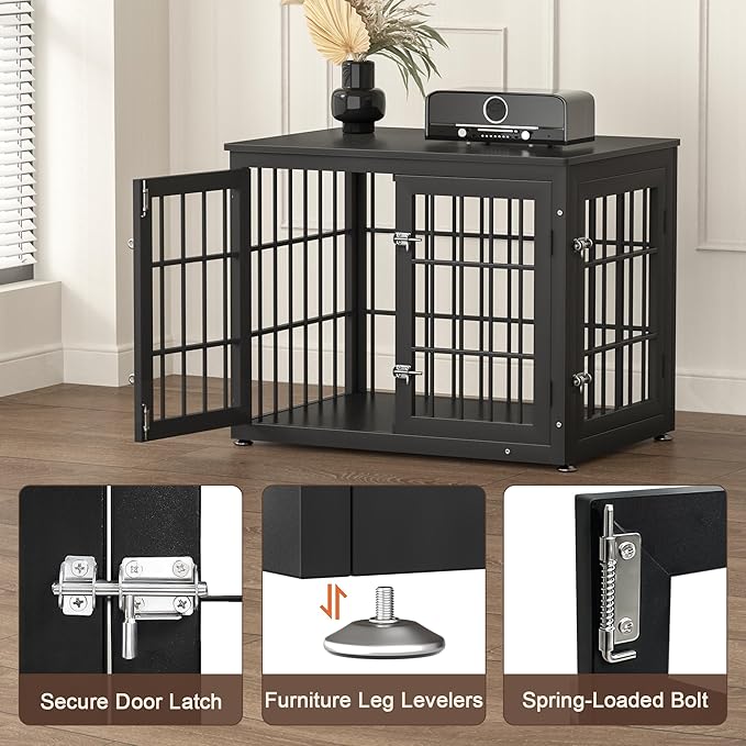 rehomerance 32 Inch Heavy Duty Dog Crate Furniture for Medium and Small Dogs, Decorative Pet House End Table, Wooden Cage Kennel Furniture Indoor, Black