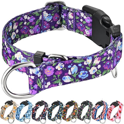 Martingale Collar for Dogs with Buckle Adjustable Nylon Slip No Pull Training Dog Collars (Purple Floral, Small)