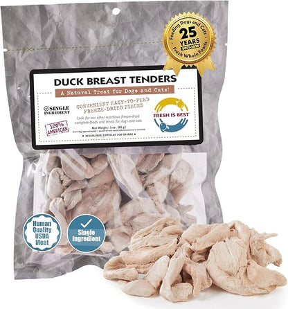 Fresh Is Best Whole Duck Breast Tenders – Made from Unsliced Whole Duck Breast Tenderloins – Raw Freeze Dried Cat Treats in Resealable Zipper Bag – High-Protein for Dogs & Cats – Made in the USA