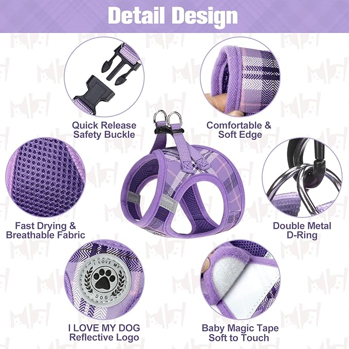 BEAUTYZOO Small Dog Harness and Leash Set, Step in No Choke No Pull Soft Mesh Dog Harnesses Reflective for Extra-Small/Small Medium Puppy Dogs and Cats, Plaid Dog Vest Harness for XS S Pets, Purple L