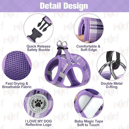 BEAUTYZOO Small Dog Harness and Leash Set, Step in No Choke No Pull Soft Mesh Dog Harnesses Reflective for Extra-Small/Small Medium Puppy Dogs and Cats, Plaid Dog Vest Harness for XS S Pets, Purple L