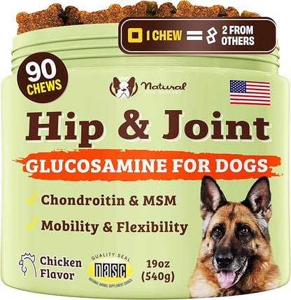Natural Dog Company Hip & Joint Supplement Chew for Dogs – Supports Mobility, Flexibility & Comfort, Glucosamine, Chondroitin, MSM & Turmeric, Chicken Flavor, 90 Count