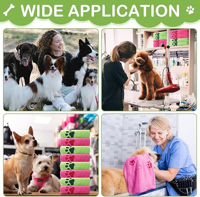 Chumia 8 Pcs Dog Towels for Drying Dogs Cats Pet Towels Bulk Puppy Microfiber Fast Drying Paw Bath Bathing Supplies Absorbent for Medium Pets(40 x 24 Inch,Dog Paw and Bone,Hot Pink,Green)
