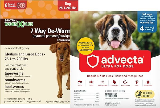 Worm X Plus 7 Way DeWormer for Large Dogs Over 25 lbs (6 Count) + ADVECTA Flea and Tick Prevention for XL Dogs Over 55 lbs (4 Count) Bundle