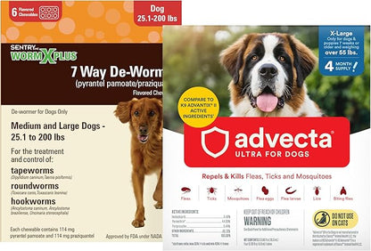 Worm X Plus 7 Way DeWormer for Large Dogs Over 25 lbs (6 Count) + ADVECTA Flea and Tick Prevention for XL Dogs Over 55 lbs (4 Count) Bundle