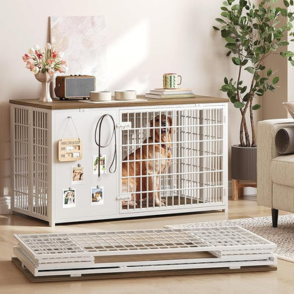 YATINEY Foldable Dog Crate Furniture, 47.2" Dog Crate with DIY Frame, Heavy Duty Dog Kennel Indoor with Hooks, Wooden Dog Cage End Table, for Small/Medium/Large Dogs, White DC120WH