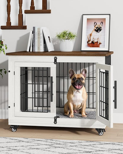 YaFiti Dog Crate Furniture with Cushion Set of 2, Wooden Dog Kennel Indoor with Double Doors, Dog Cage with Wheels, Dog House Side End Table for Small Medium Dogs up to 45 lb, 32.5" L, White