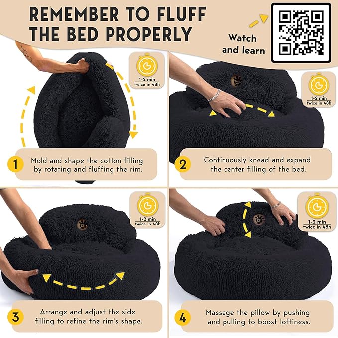 PetJett Large Dog Bed - 36'' Calming Donut Dog Beds, Anti-Slip & Washable Large Round Bed, Fluffy Faux Fur Pet Bed, Super Soft Anti-Anxiety Premium Comfort Bed, Fits Dogs up to 80 lbs - Black