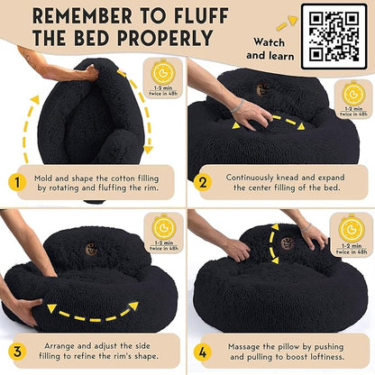 PetJett Large Dog Bed - 36'' Calming Donut Dog Beds, Anti-Slip & Washable Large Round Bed, Fluffy Faux Fur Pet Bed, Super Soft Anti-Anxiety Premium Comfort Bed, Fits Dogs up to 80 lbs - Black