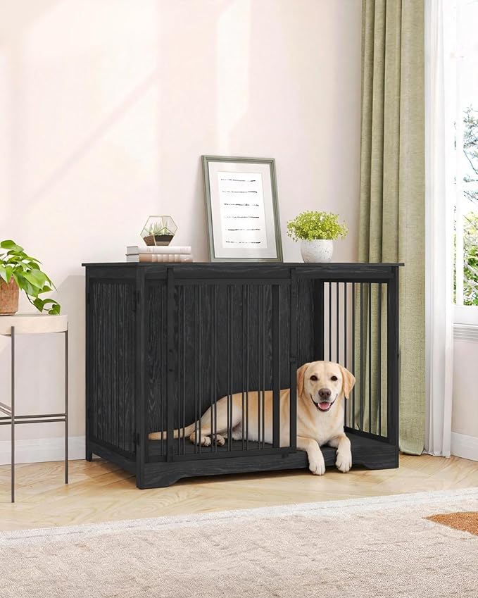 Hzuaneri 43.3" Dog Crate Furniture with Barn Door, Heavy Duty Dog Kennel Indoor with 2 Doors, Wooden Pet Cage End Table for Large Small Medium Dogs, Anti-Chew Anti-Escape, Black DFC92304B