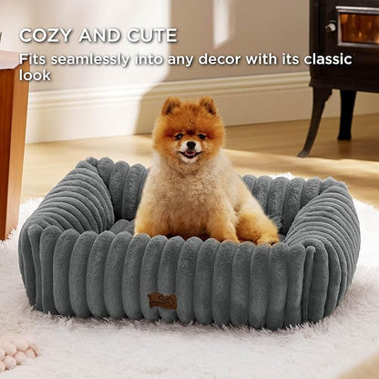 Bedsure ComfyFleece™ Cute Dog Bed for Small Medium Dogs - Washable Furry Puppy Beds, Rectangle Orthopedic Corduroy Fleece Pet Beds with Removable Zipper Cover, 25x21x7inches, Warm Grey