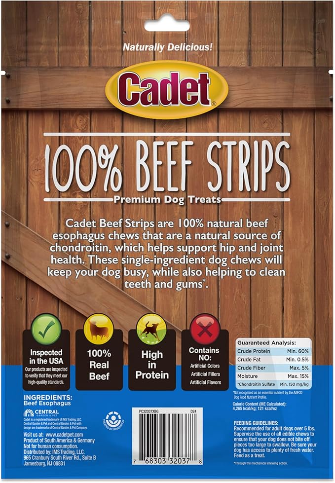 Cadet 100% Beef Strip Long Lasting Chews for Dogs,Ingredient Beef Esophagus Dog Treats,Natural High Protein Rawhide Alternative for Small & Large Dogs,4 Ounce,(Pack of 4)