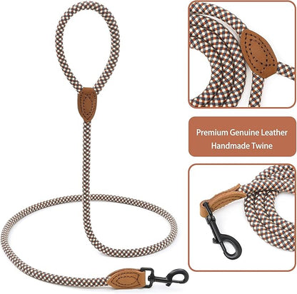 Mile High Life Rope Leash with Genuine Leather Connection, 6 FT/5 FT/4 FT, Heavy Duty Leash for Medium & Large Dogs (Brown, 60 Inch)