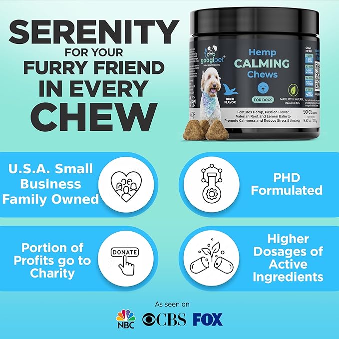 Googipet Daily Hemp Calming Chews for Dogs - Separation Anxiety Relief for Dogs, Non-Drowsy Dog Calming Chews Dog Anxiety Relief Treats with Valerian Root, & Hemp