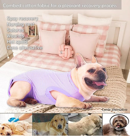 Dog Recovery Suit Purple Female Spay Surgical Small Shirt, Male Surgery Recovery Suit,Purple-White Striped S