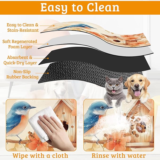 Dog Bowl Mat,Blue Bird Pet Feeding Mat for Floors Waterproof,Fall Leaves Absorbent Dogs Placemat for Food and Water Quick Dry Pet Cat Feeding Mats with Non Slip Bottom 12" x 20"