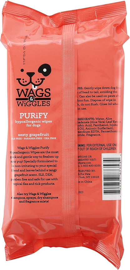 Wags & Wiggles Purify Hypoallergenic Dog Wipes for Sensitive Skin, Paw and Body Grooming Wipes with Gentle Plant Based Formula for Everyday Cleaning, Zesty Grapefruit Scent, 100 Count