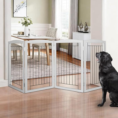 ZJSF Freestanding Foldable Dog Gate for House Extra Wide Wooden Grey Puppy Gate Stairs Dog Gates Doorways Tall Pet Gate 32" Height 4 Panels Pet Fence