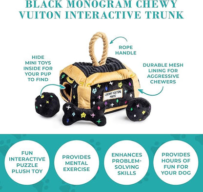 Haute Diggity Dog Chewy Vuiton Trunk Puzzle with 3 Plush Squeaky Dog Toys, Soft Durable Designer-Inspired Stuffed Puppy Chew Toys for Small & Medium Dogs, Machine-Washable (Black Monogram) One Size