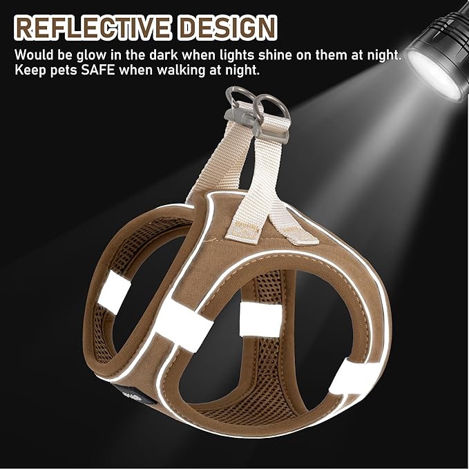 GAMUDA Small Pet Harness Collar and Leash Set, Step in No Chock No Pull Linen Fabric Soft Mesh Dog Vest Harnesses Reflective for Dogs Puppy Cats Kitten Rabbit (Brown, S)