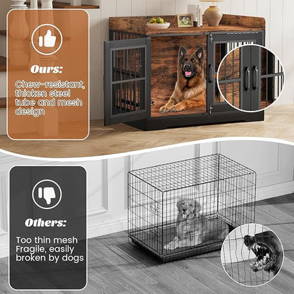 VOPEAK 46" Rustic Dog Crate Furniture, Heavy Duty Dog Cage for Medium Large Dogs, Dog Crate Dog Kennel Indoor with Removable Trays, Chew Resistant Crate for Bedroom Living Room, Rustic Brown