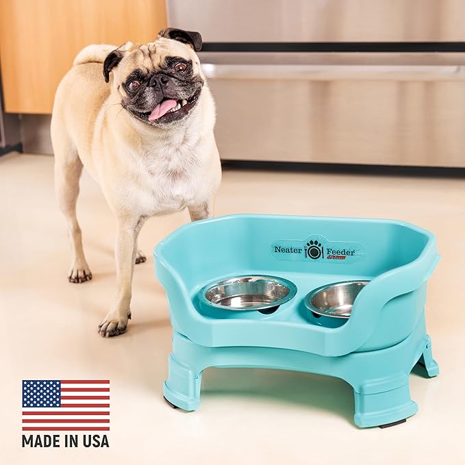 Neater Feeder Deluxe Mess-Proof Elevated Dog Bowls for Small Dogs (Up to 19 lbs), 2 Height Adjustable (6” & 7.5”) No-Spill Raised Dog Bowl Stand, Stainless Steel Food Bowl Set, Made in USA, Aquamarine