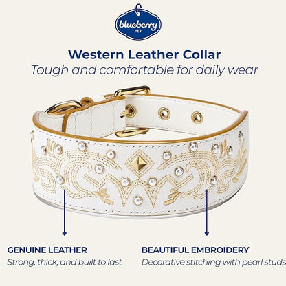 Blueberry Pet Western Dog Collar in Pearl White - Genuine Leather Dog Collars for Medium Dogs & Large Dogs with Floral Embroidery, Adjustable 18-22 Inch, Cowboy Style, Pearl Studs
