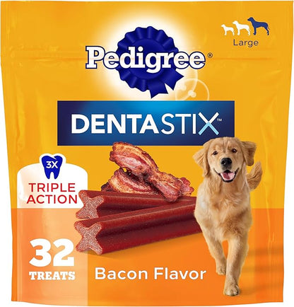 Pedigree Dentastix Dog Dental Treats, Large Breed Dog Treats, Bacon Flavor, 1.67 lb. Bag (32 Treats Total)