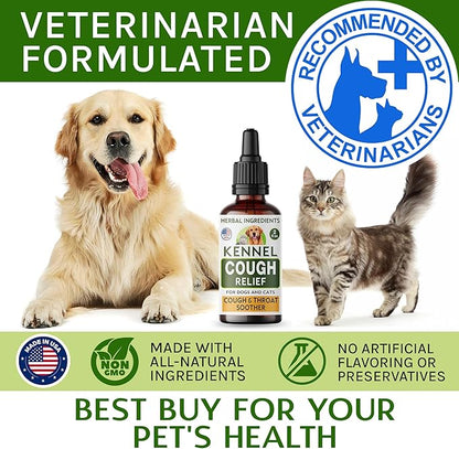 Kennel Cough Treatment for Dogs & Cats - Collapsed Trachea & Cat Asthma Support - Dog Cough Suppressant - Liquid Throat Soother - Dry, Wet & Barky Pet Cough Relief for All Breeds - Made in USA - 2 Oz