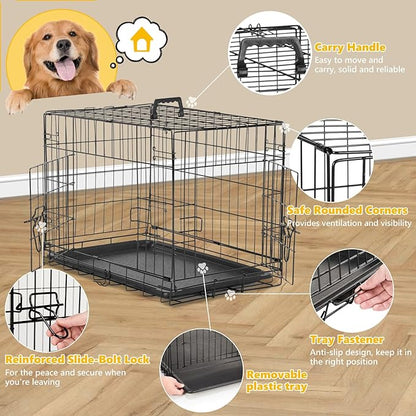 DUMOS Dog Crate with Double Doors, Metal Foldable Pet Cage with Plastic Removable Tray, Portable Large Kennel for Outdoor Indoor with Handle, Black, 42 Inch