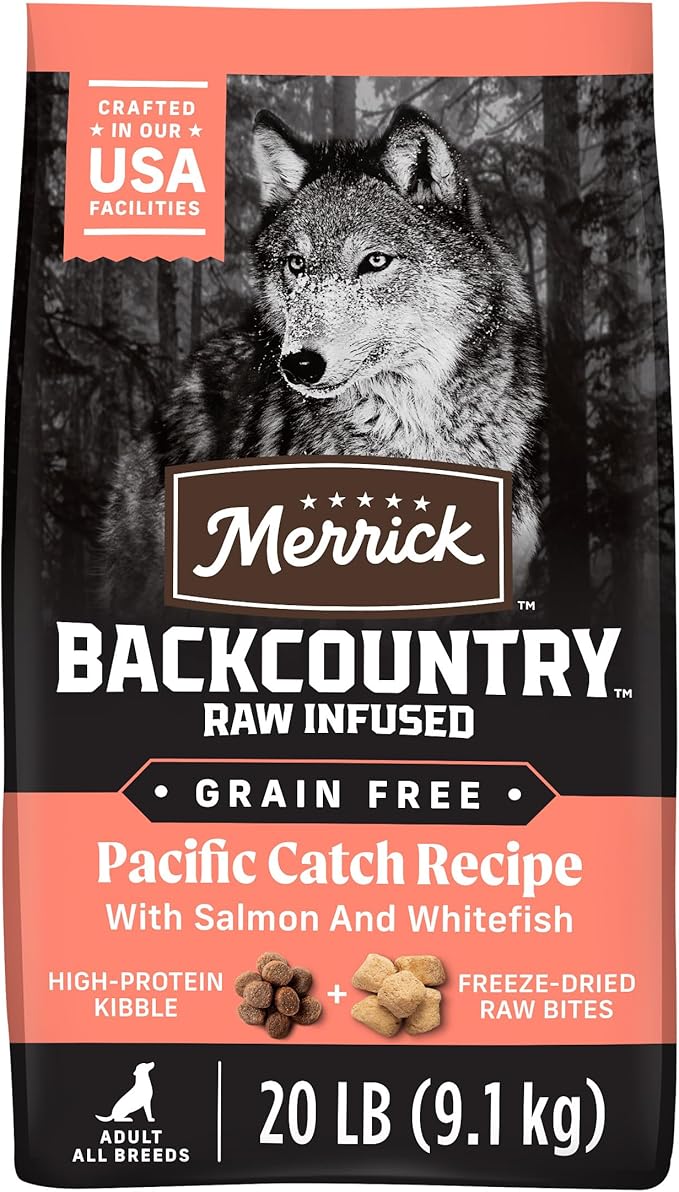 Merrick Backcountry Grain Free Dry Adult Dog Food, Kibble With Freeze Dried Raw Pieces, Pacific Catch With Salmon - 20.0 lb. Bag