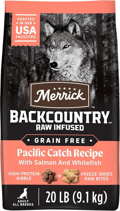 Merrick Backcountry Grain Free Dry Adult Dog Food, Kibble With Freeze Dried Raw Pieces, Pacific Catch With Salmon - 20.0 lb. Bag