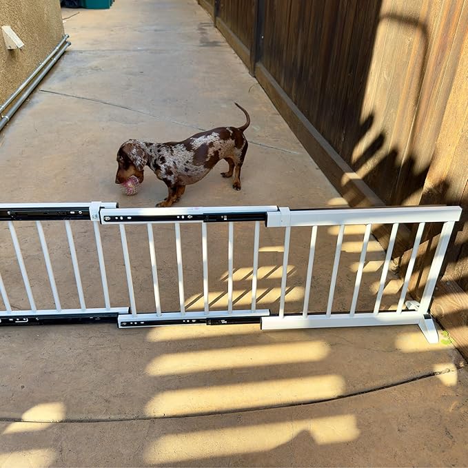 White Metal Dog Gate for Small Dogs - 13.3" Short Freestanding Puppy Gate with Retractable Sliding Rail, No Installation, Indoor/Outdoor Use, Foldable & Portable Pet Barrier